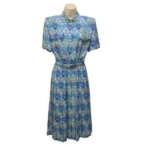Vintage 80s Leslie Fay Belted Pleated Midi Secretary Dress 12 Petite Blue